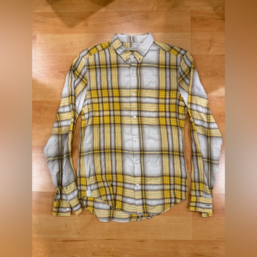 Burberry Yellow and Gray Plaid Dress Shirt